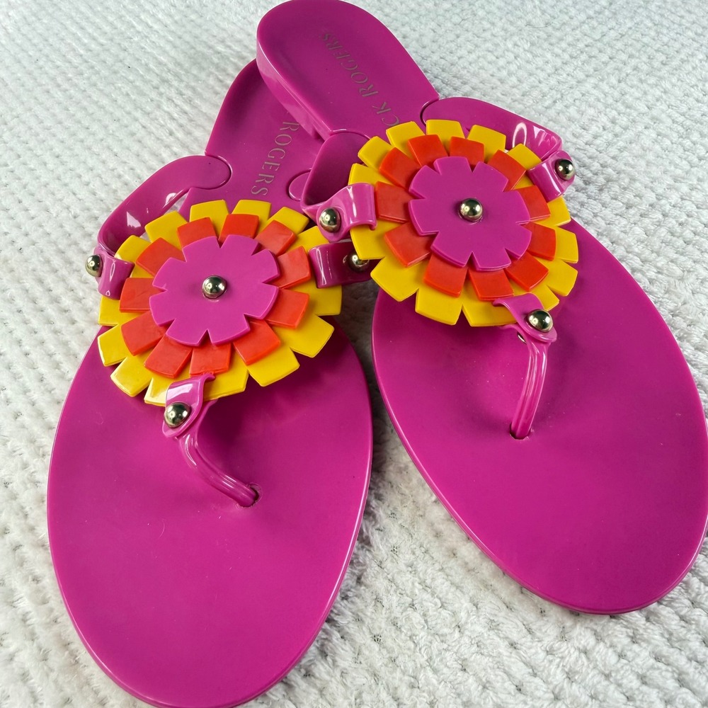 Jack Rogers Georgica Jelly Sandals Fuchsia Pink Floral Thong Flats New Size 8